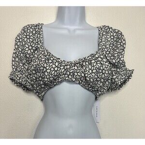 Topshop Geo Print Puff Sleeve Crop Top Size 8 Black White Open Back Stretch New